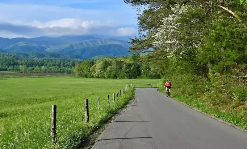 woman biking in cades cove