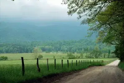 Cades Cove Loop Road on a cloudy summer day